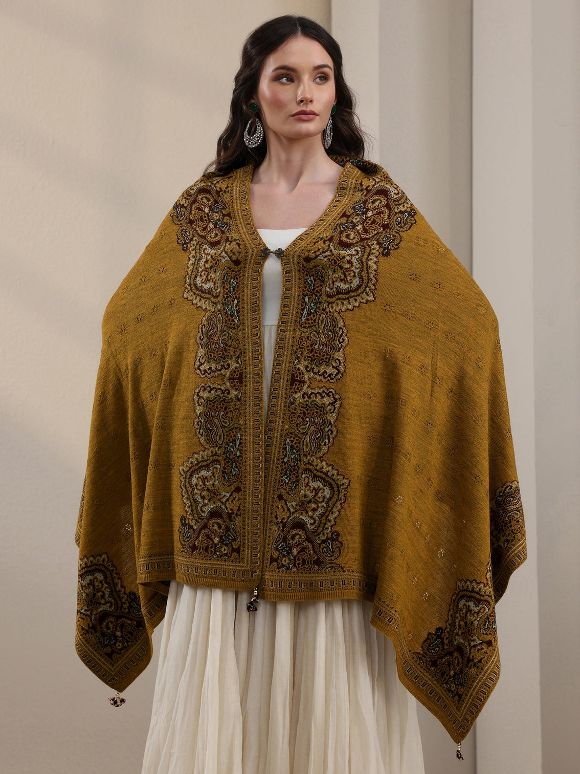 Mameraa Mustard Ethnic Mesh Knitted Acrylic Wrap Shawl