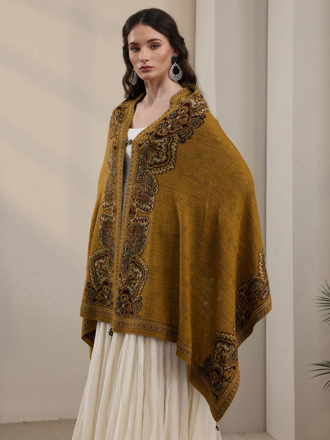 Mameraa Mustard Ethnic Mesh Knitted Acrylic Wrap Shawl