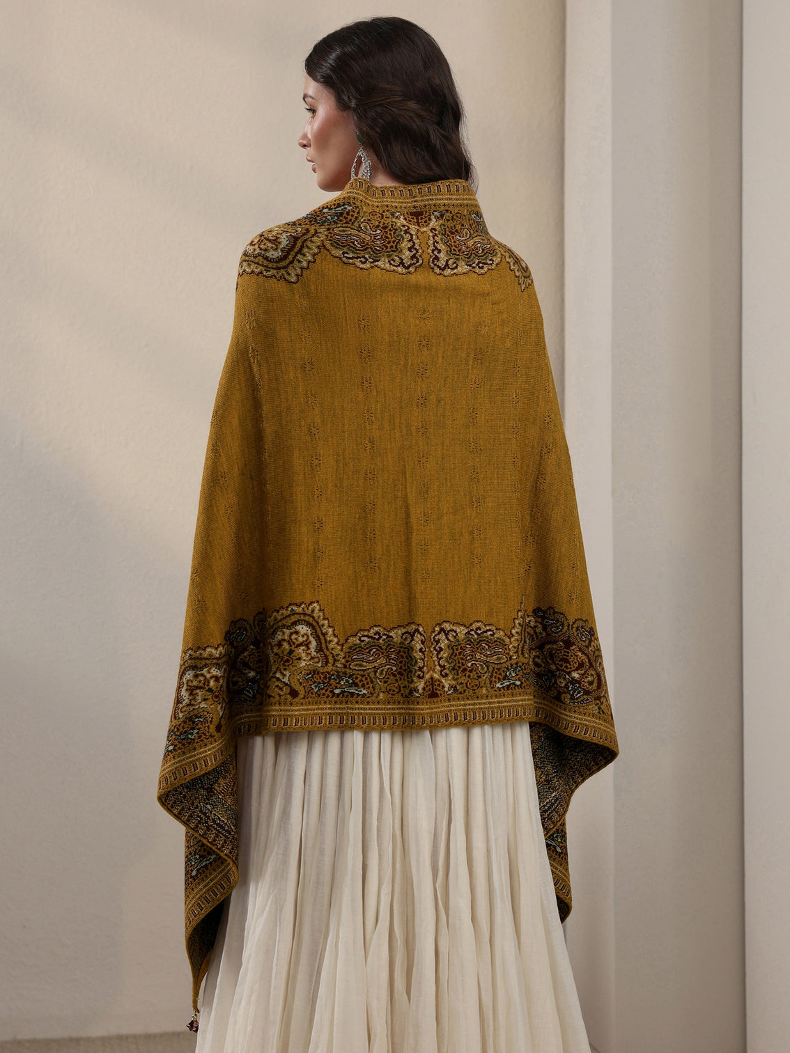 Mameraa Mustard Ethnic Mesh Knitted Acrylic Wrap Shawl