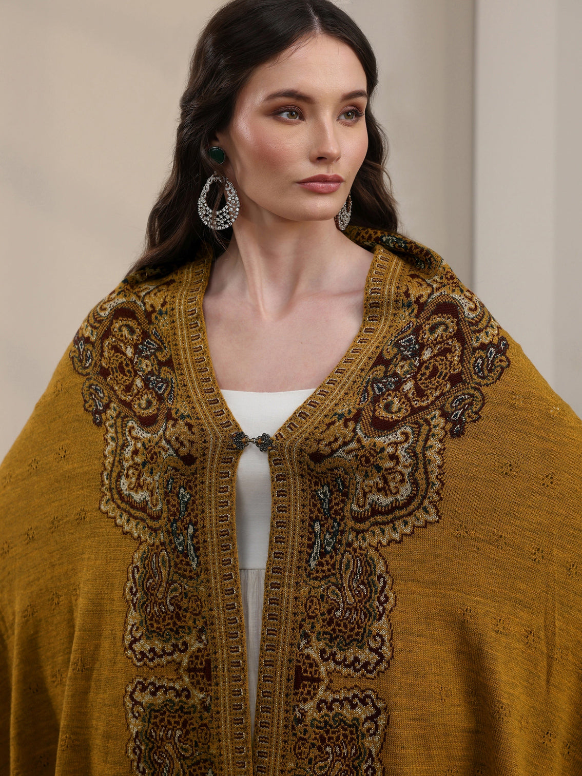 Mameraa Mustard Ethnic Mesh Knitted Acrylic Wrap Shawl