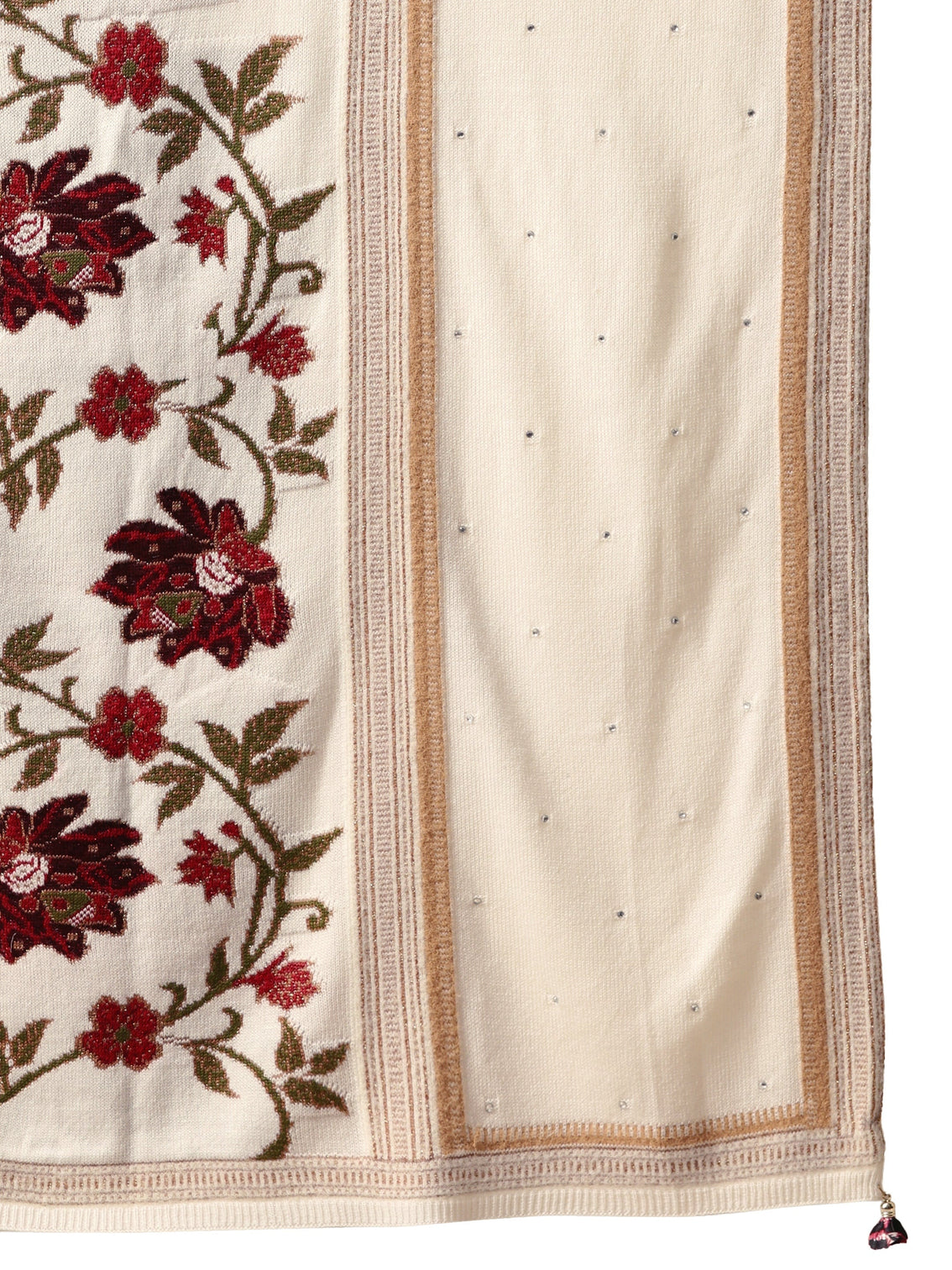 Mameraa White Floral Knitted Acrylic Wrap Shawl