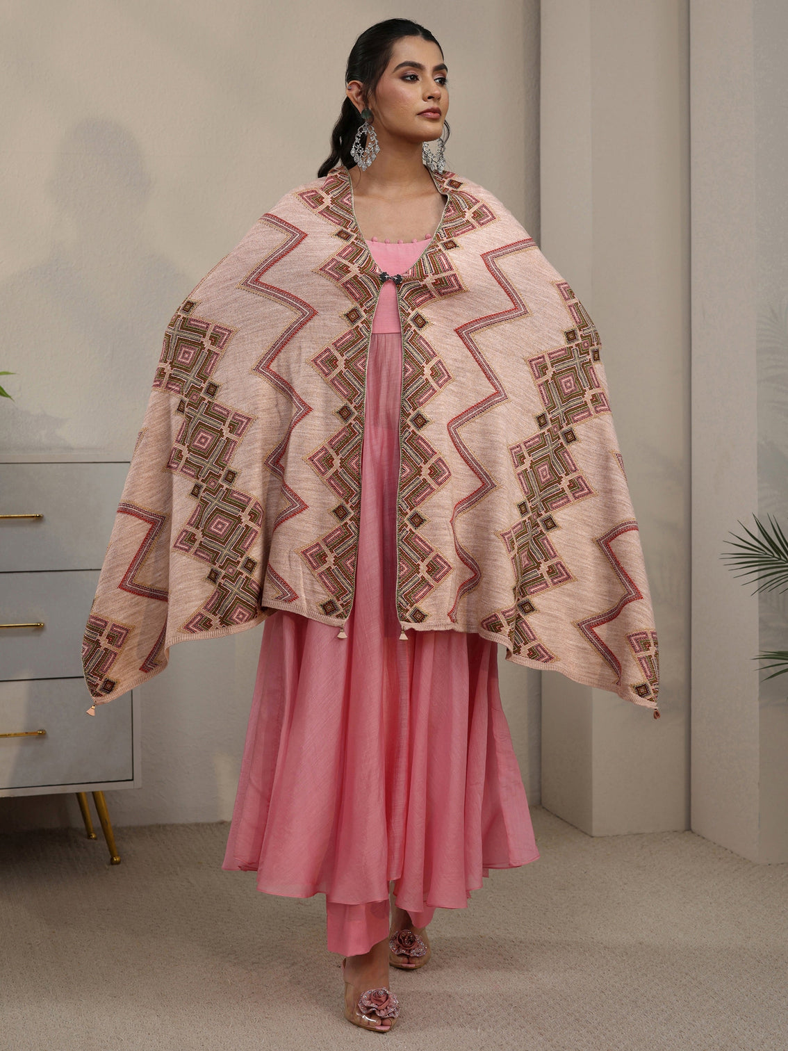 Mameraa Beige Geometric Knitted Acrylic Wrap Shawl