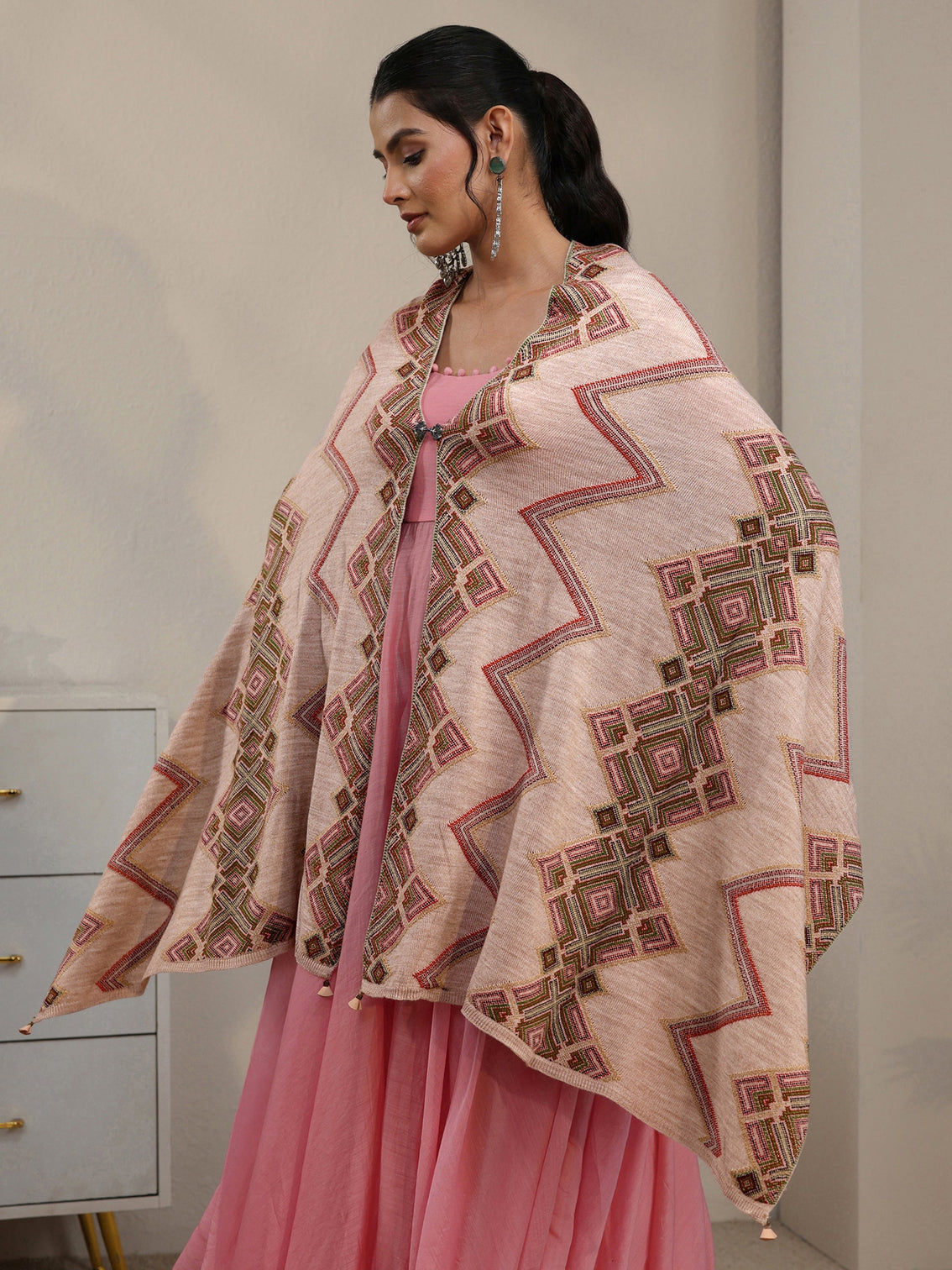 Mameraa Beige Geometric Knitted Acrylic Wrap Shawl
