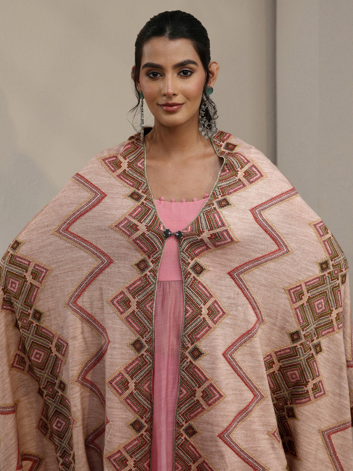 Mameraa Beige Geometric Knitted Acrylic Wrap Shawl