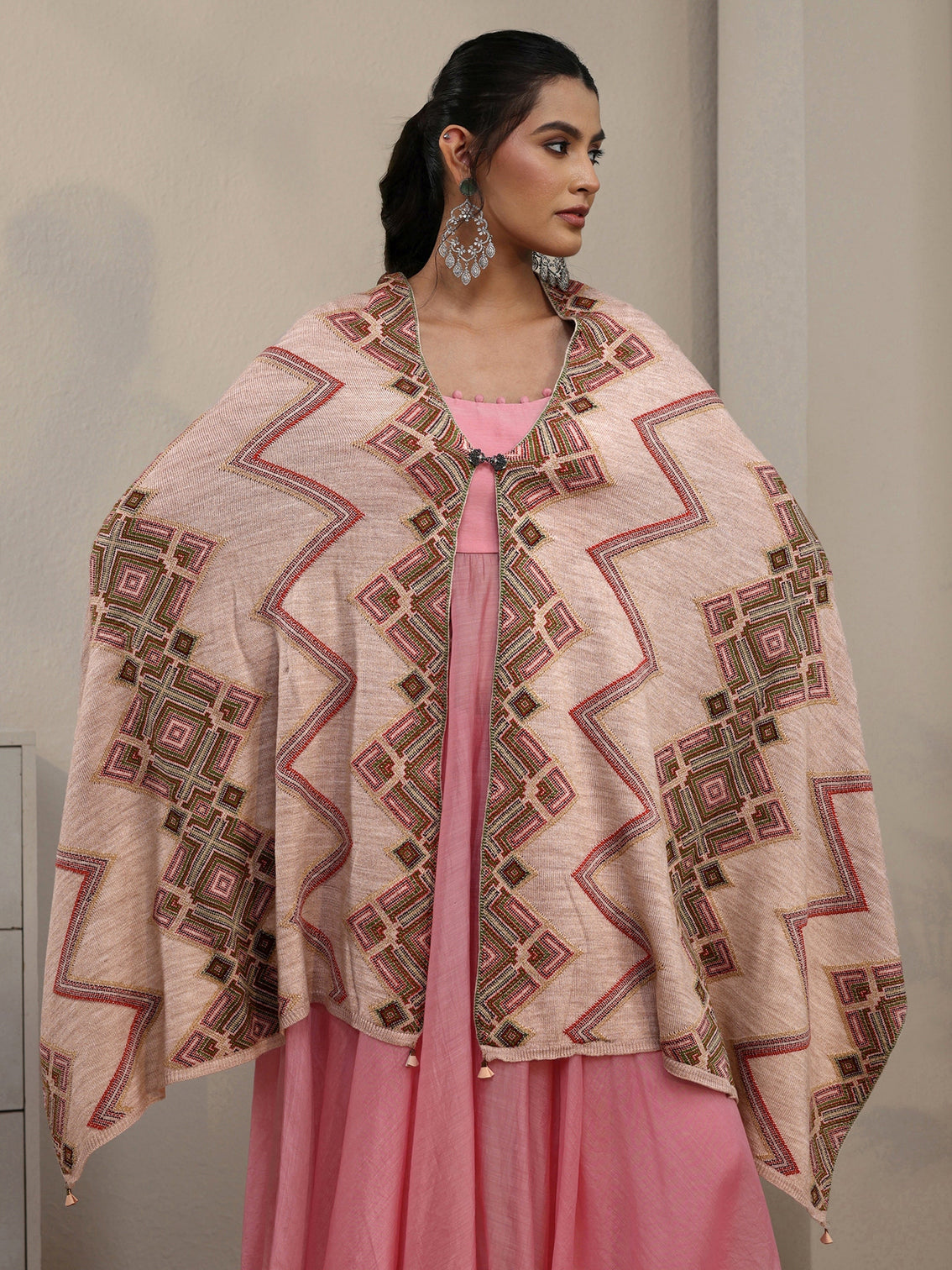 Mameraa Beige Geometric Knitted Acrylic Wrap Shawl