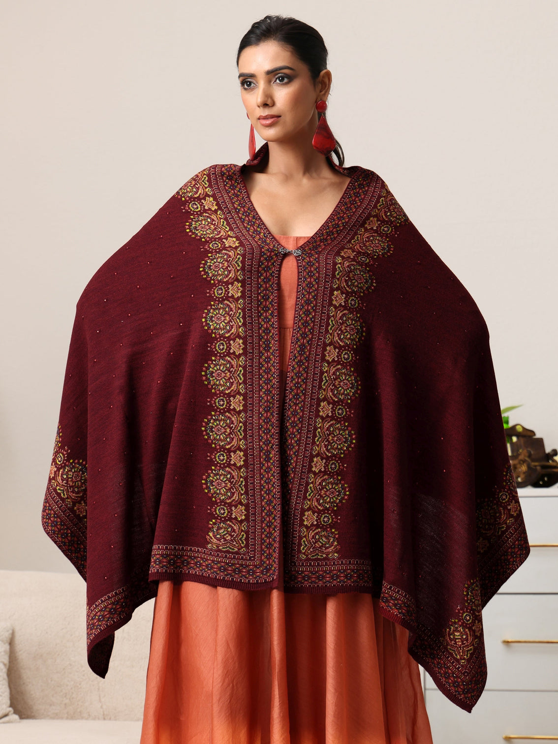 Mameraa Maroon Ethnic Knitted Acrylic Wrap Shawl