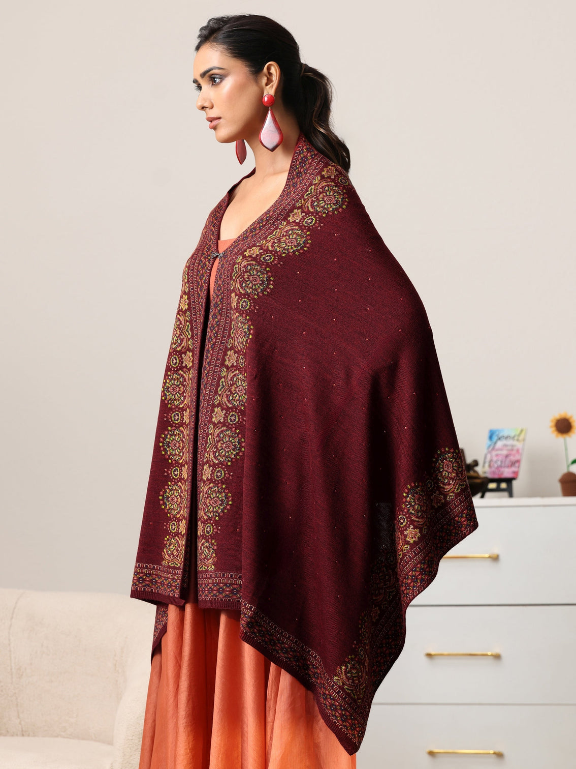 Mameraa Maroon Ethnic Knitted Acrylic Wrap Shawl