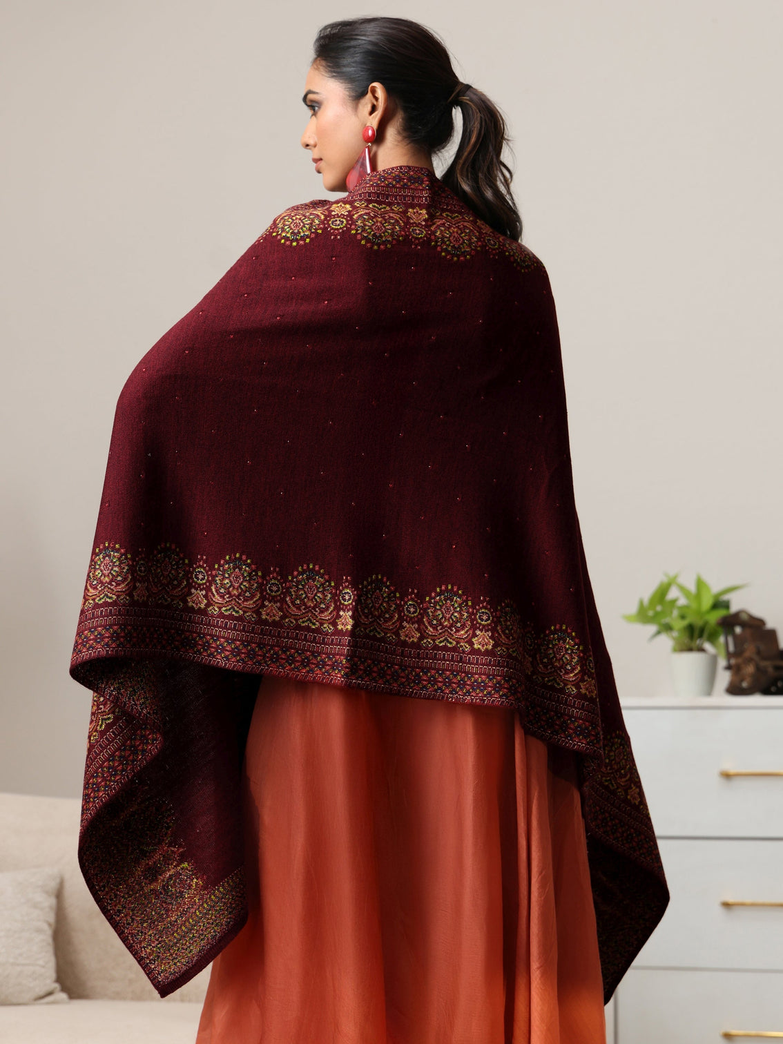 Mameraa Maroon Ethnic Knitted Acrylic Wrap Shawl