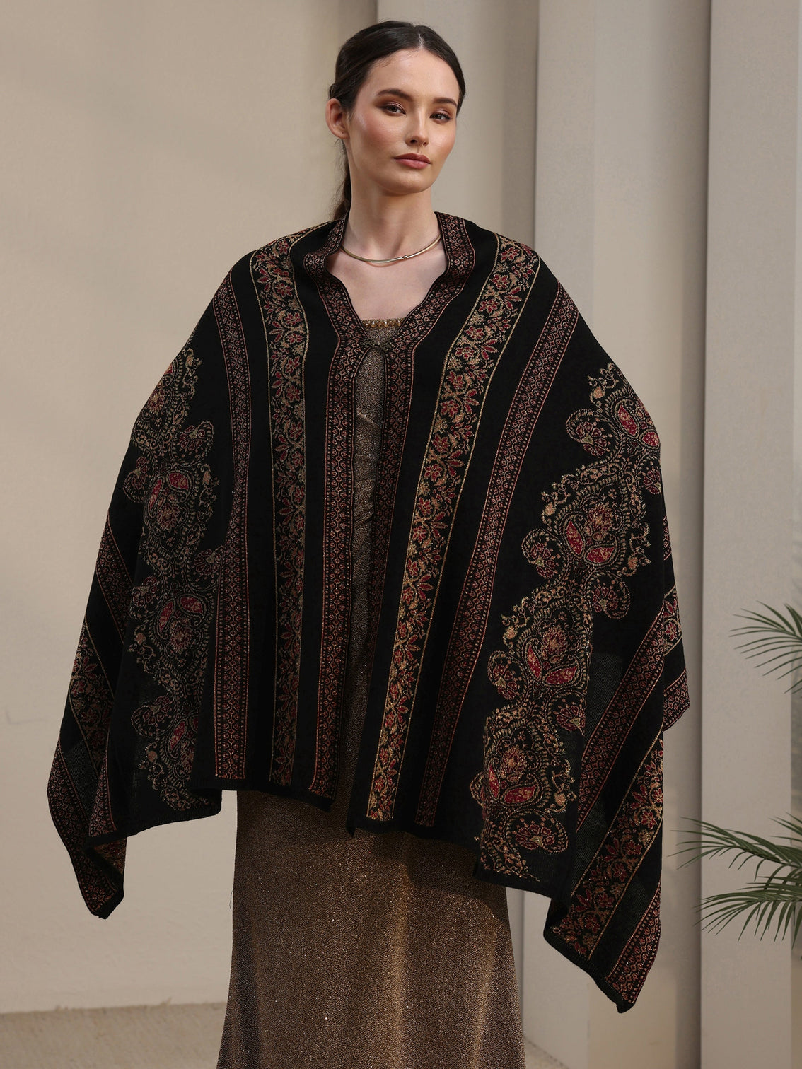 Mameraa Black Ethnic Knitted Acrylic Wrap Shawl