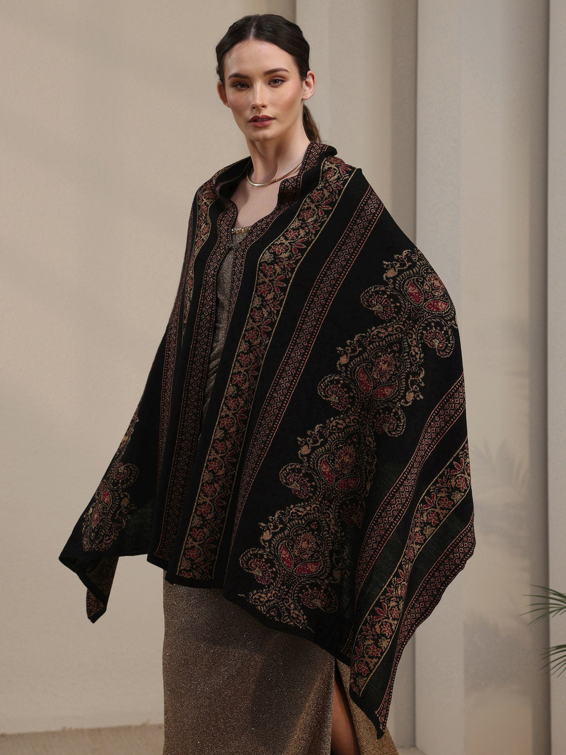 Mameraa Black Ethnic Knitted Acrylic Wrap Shawl