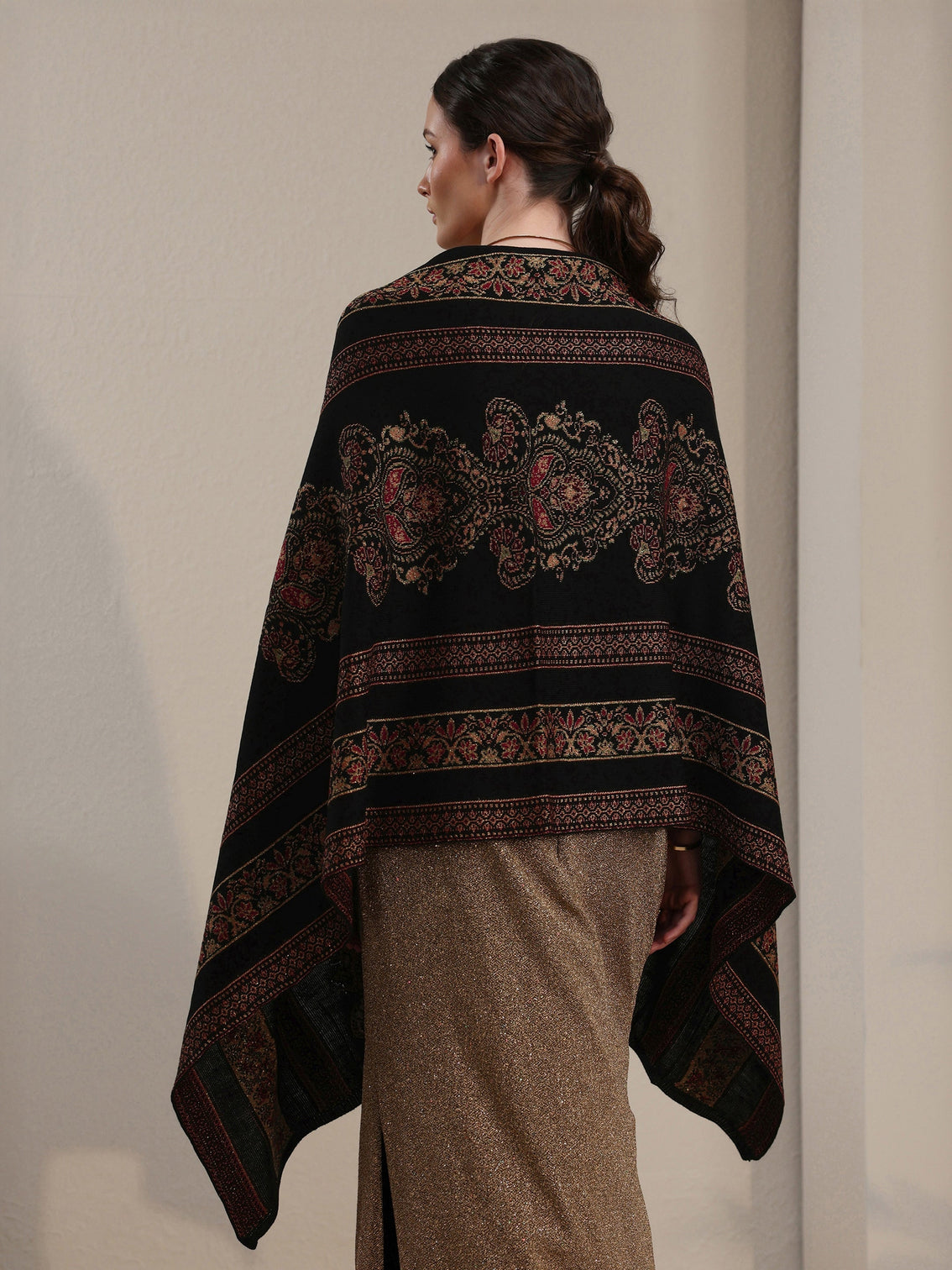 Mameraa Black Ethnic Knitted Acrylic Wrap Shawl
