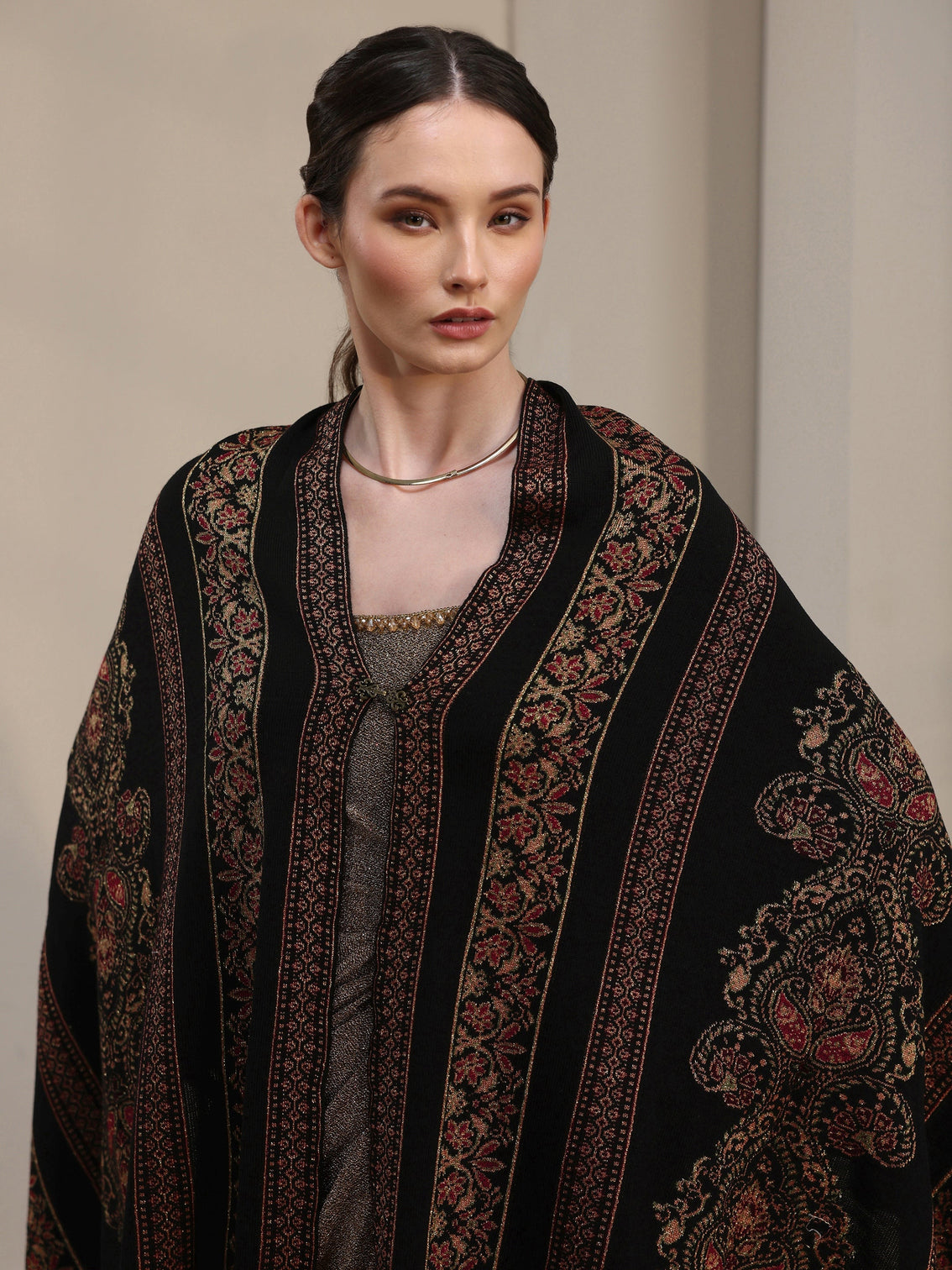 Mameraa Black Ethnic Knitted Acrylic Wrap Shawl