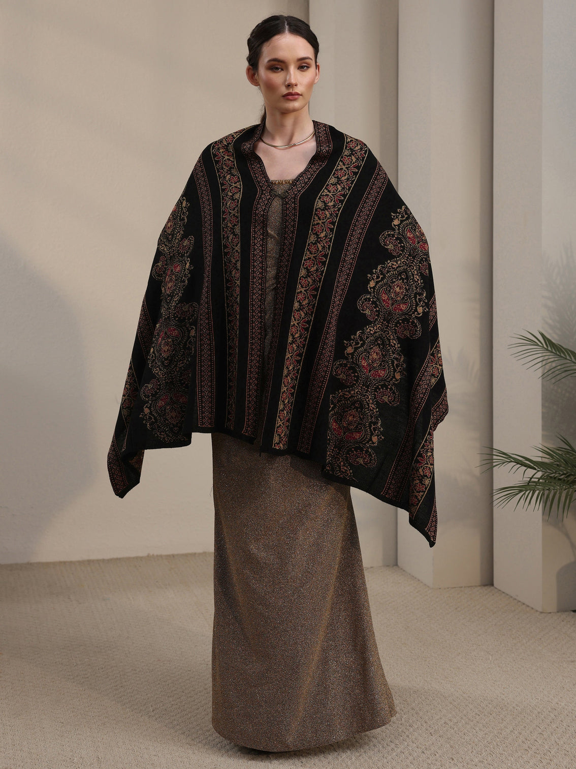 Mameraa Black Ethnic Knitted Acrylic Wrap Shawl