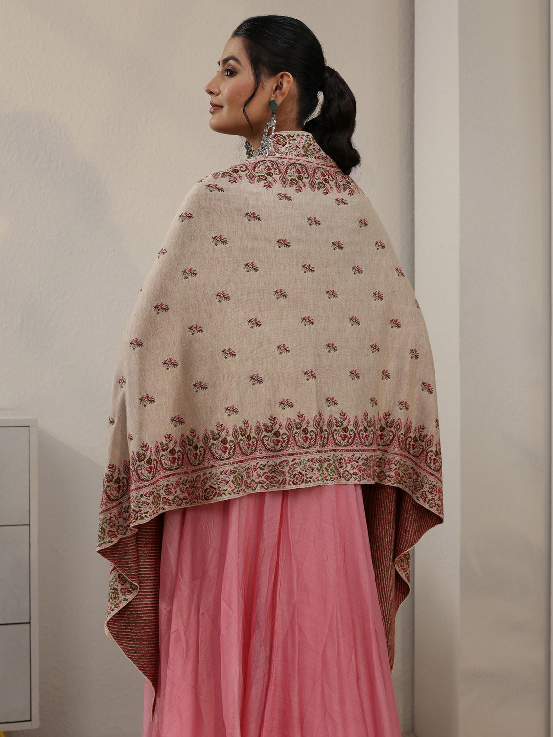 Mameraa Off White Floral Knitted Acrylic Wrap Shawl
