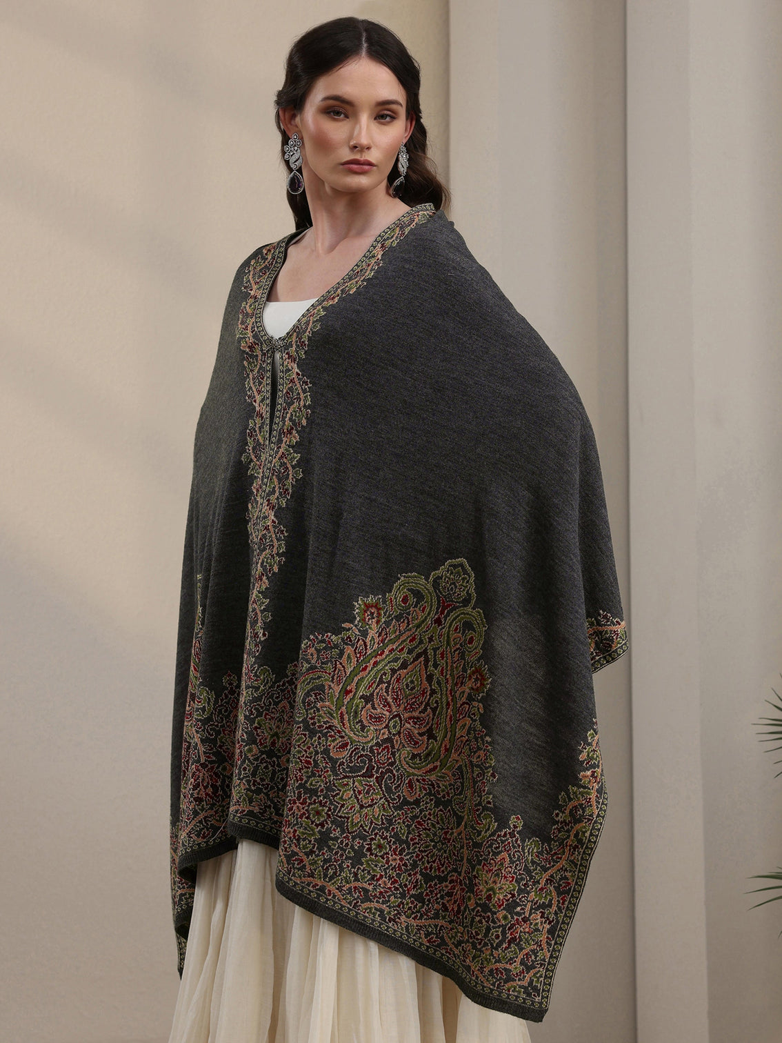 Mameraa Dark Grey Ethnic Knitted Acrylic Wrap Shawl