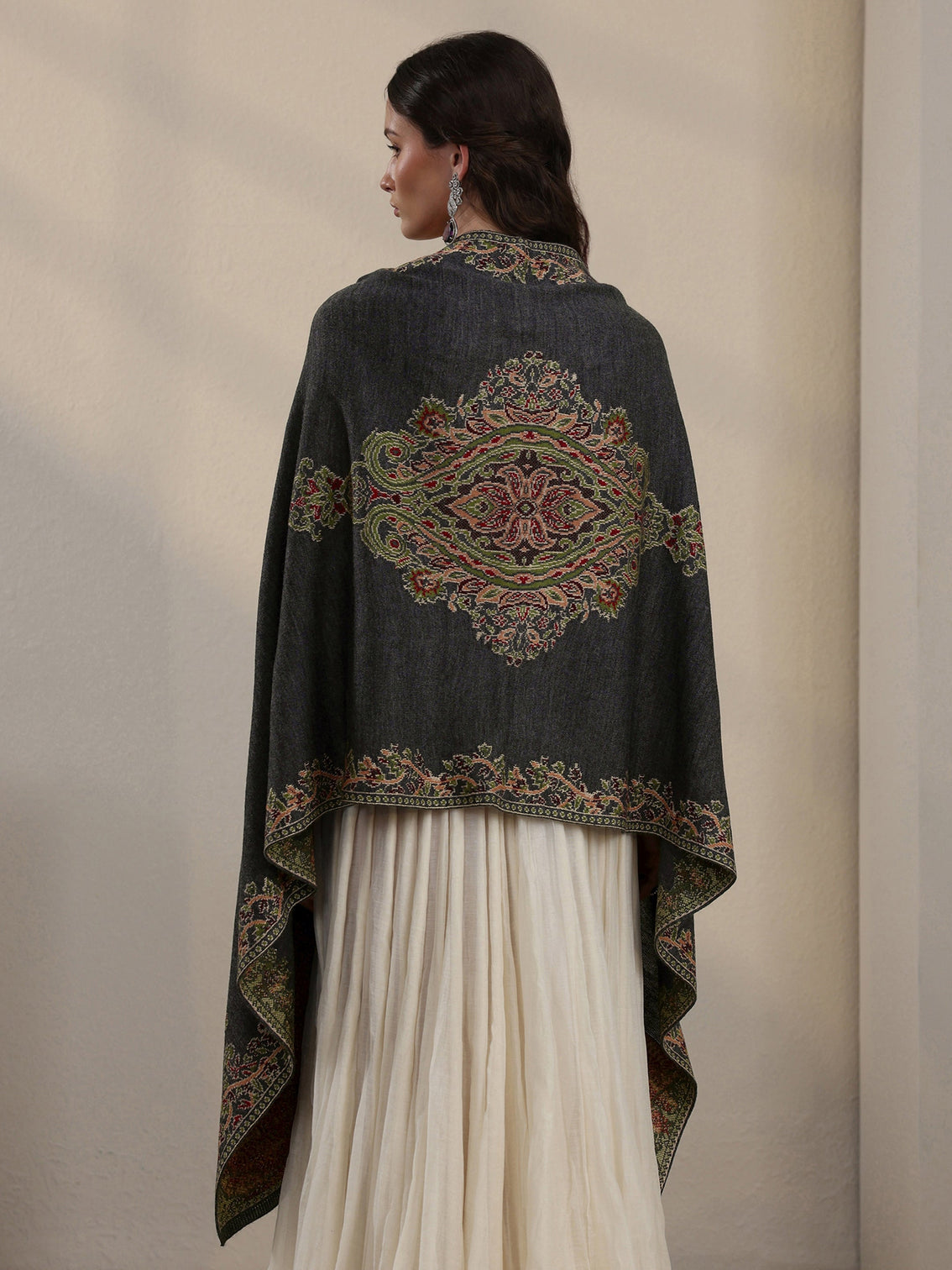 Mameraa Dark Grey Ethnic Knitted Acrylic Wrap Shawl