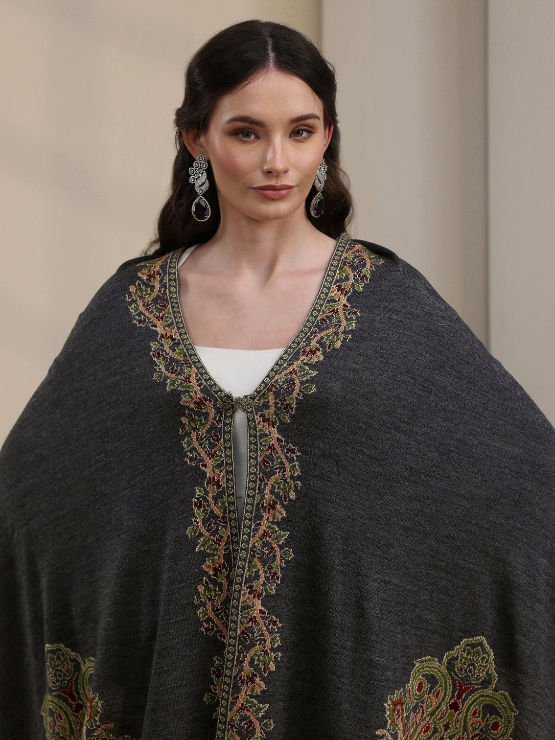 Mameraa Dark Grey Ethnic Knitted Acrylic Wrap Shawl