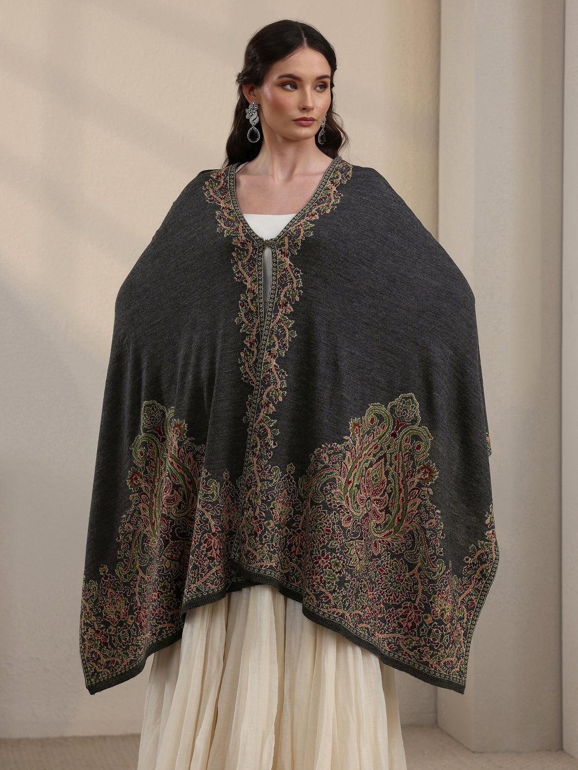 Mameraa Dark Grey Ethnic Knitted Acrylic Wrap Shawl