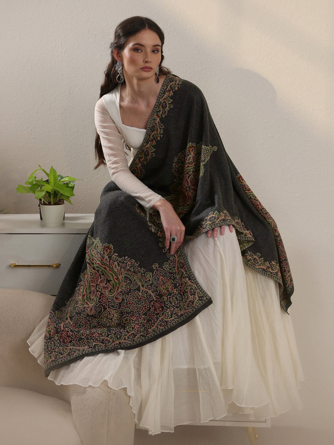 Mameraa Dark Grey Ethnic Knitted Acrylic Wrap Shawl