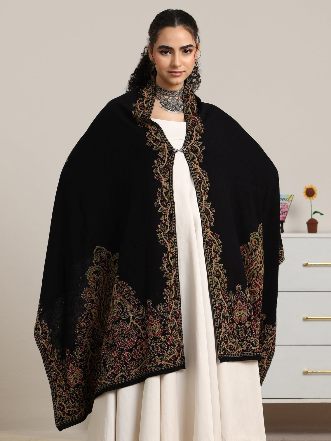 Mameraa Black Floral Knitted Acrylic Wrap Shawl