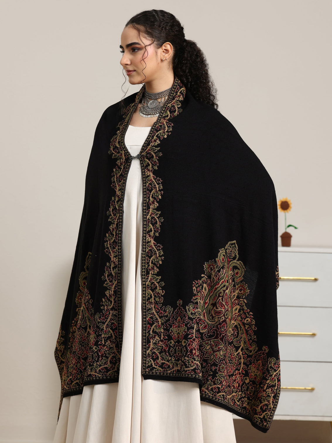 Mameraa Black Floral Knitted Acrylic Wrap Shawl