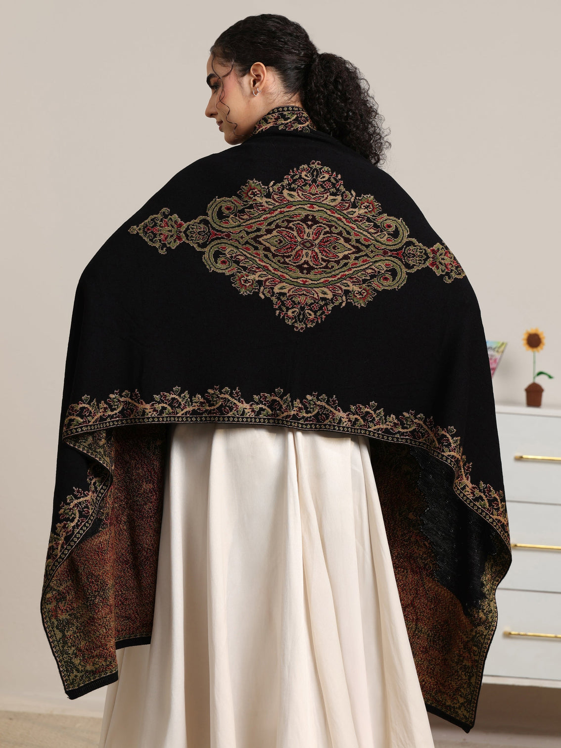 Mameraa Black Floral Knitted Acrylic Wrap Shawl