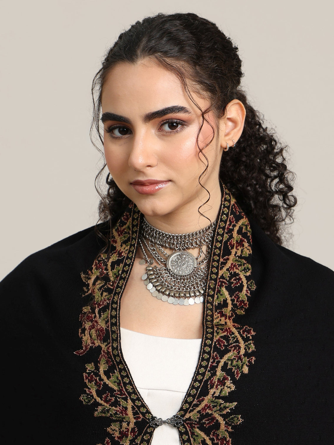 Mameraa Black Floral Knitted Acrylic Wrap Shawl