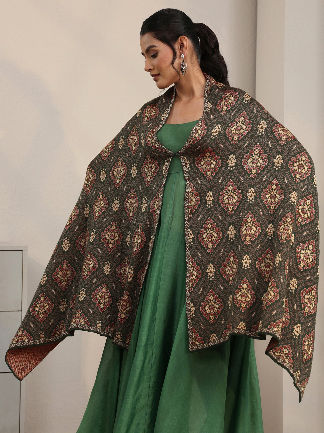 Mameraa Olive Green Ethnic Knitted Acrylic Wrap Shawl