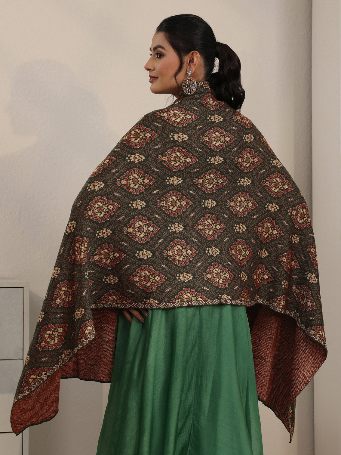 Mameraa Olive Green Ethnic Knitted Acrylic Wrap Shawl
