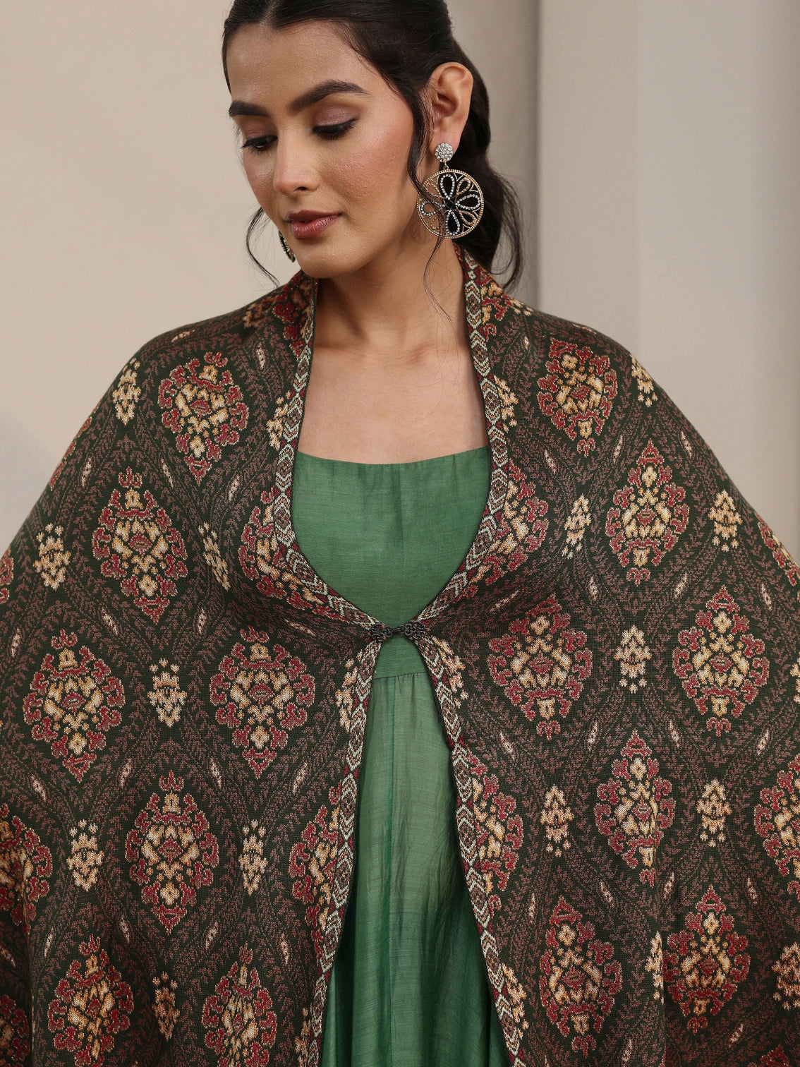 Mameraa Olive Green Ethnic Knitted Acrylic Wrap Shawl