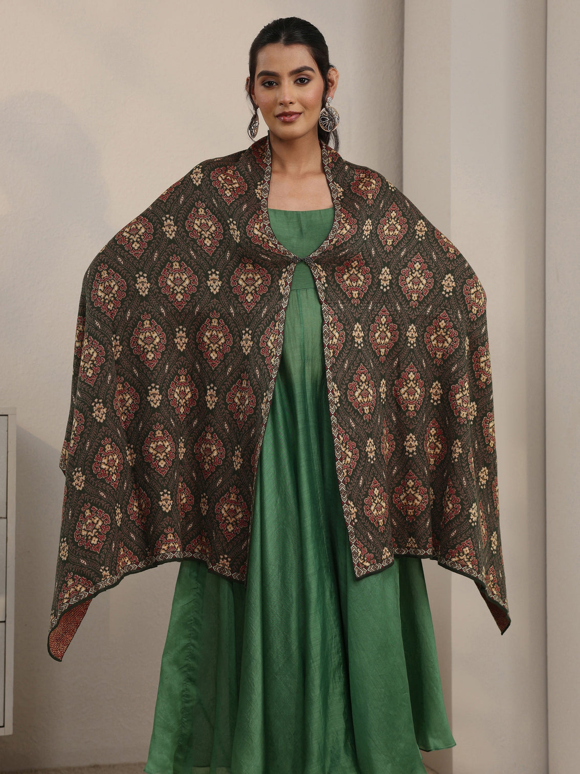 Mameraa Olive Green Ethnic Knitted Acrylic Wrap Shawl