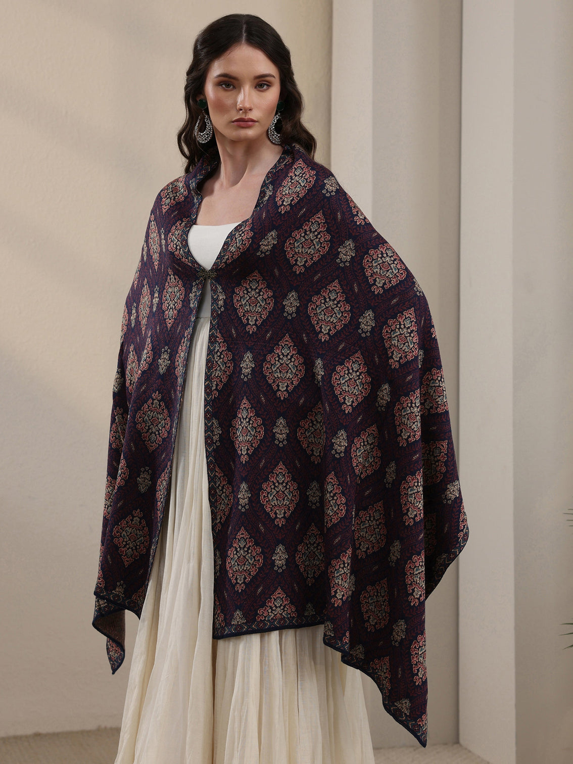 Mameraa Blue Ethnic Knitted Acrylic Wrap Shawl