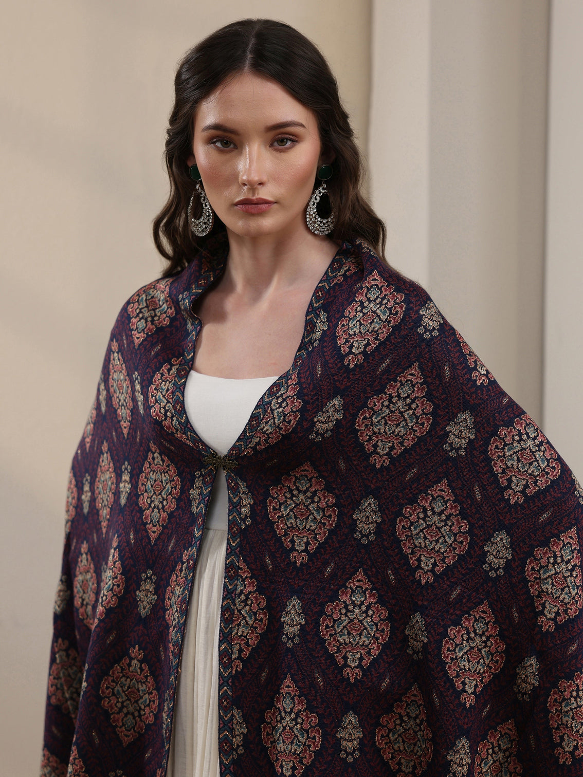 Mameraa Blue Ethnic Knitted Acrylic Wrap Shawl