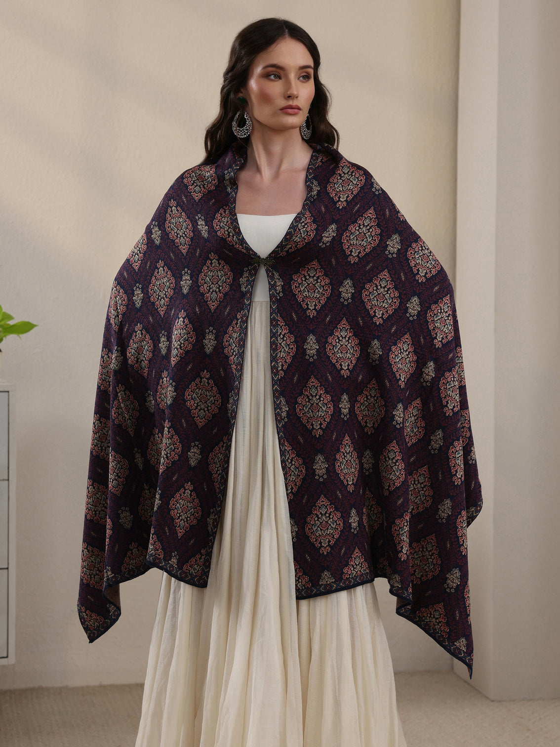 Mameraa Blue Ethnic Knitted Acrylic Wrap Shawl