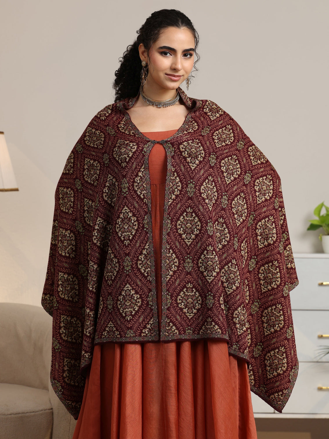 Mameraa Maroon Ethnic Knitted Acrylic Wrap Shawl