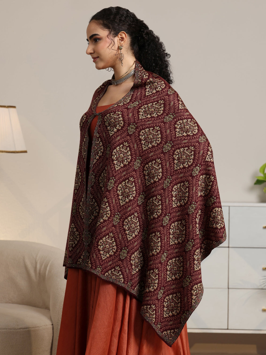 Mameraa Maroon Ethnic Knitted Acrylic Wrap Shawl