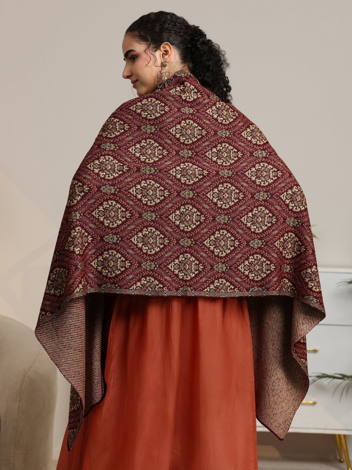 Mameraa Maroon Ethnic Knitted Acrylic Wrap Shawl