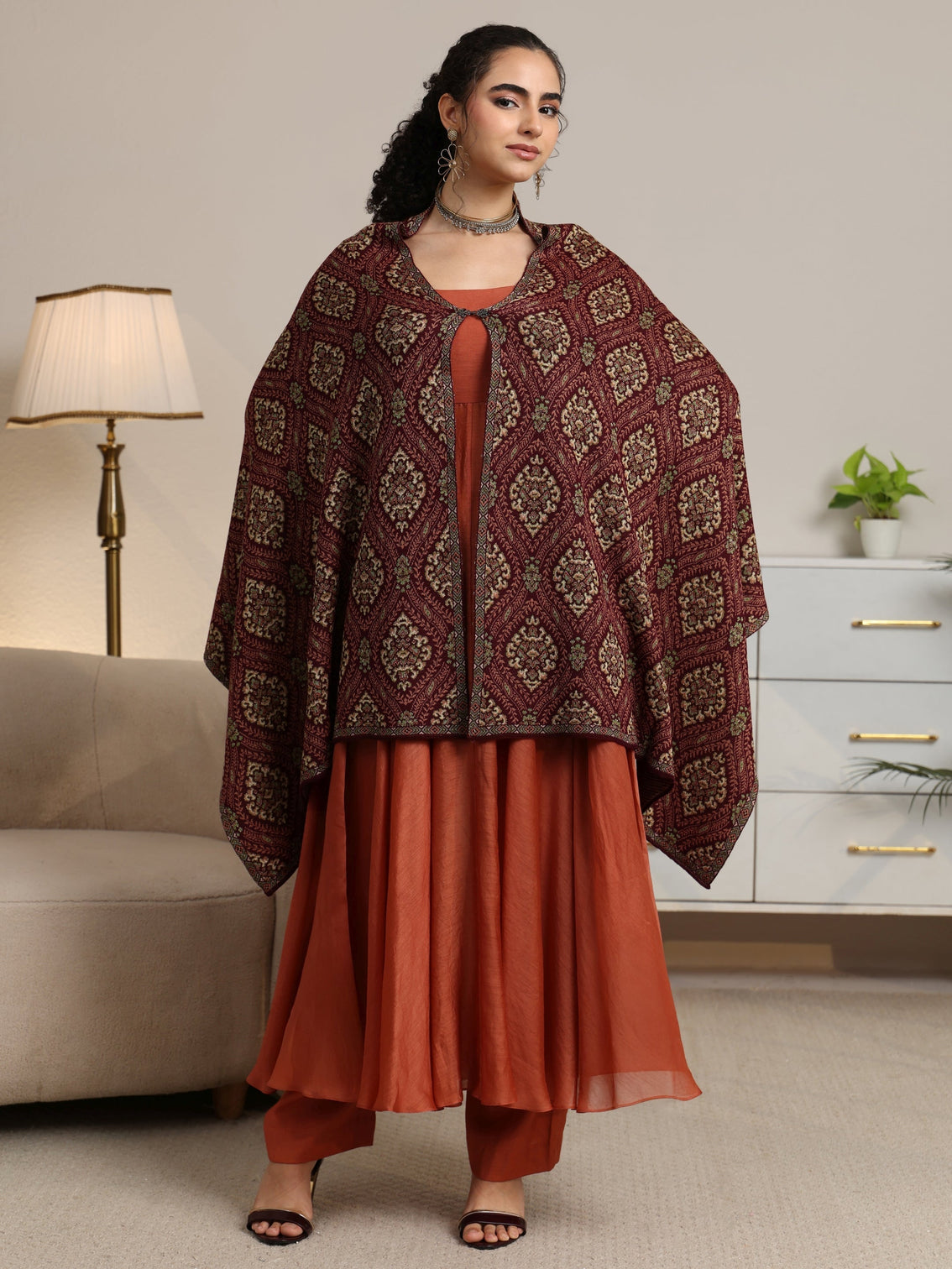 Mameraa Maroon Ethnic Knitted Acrylic Wrap Shawl