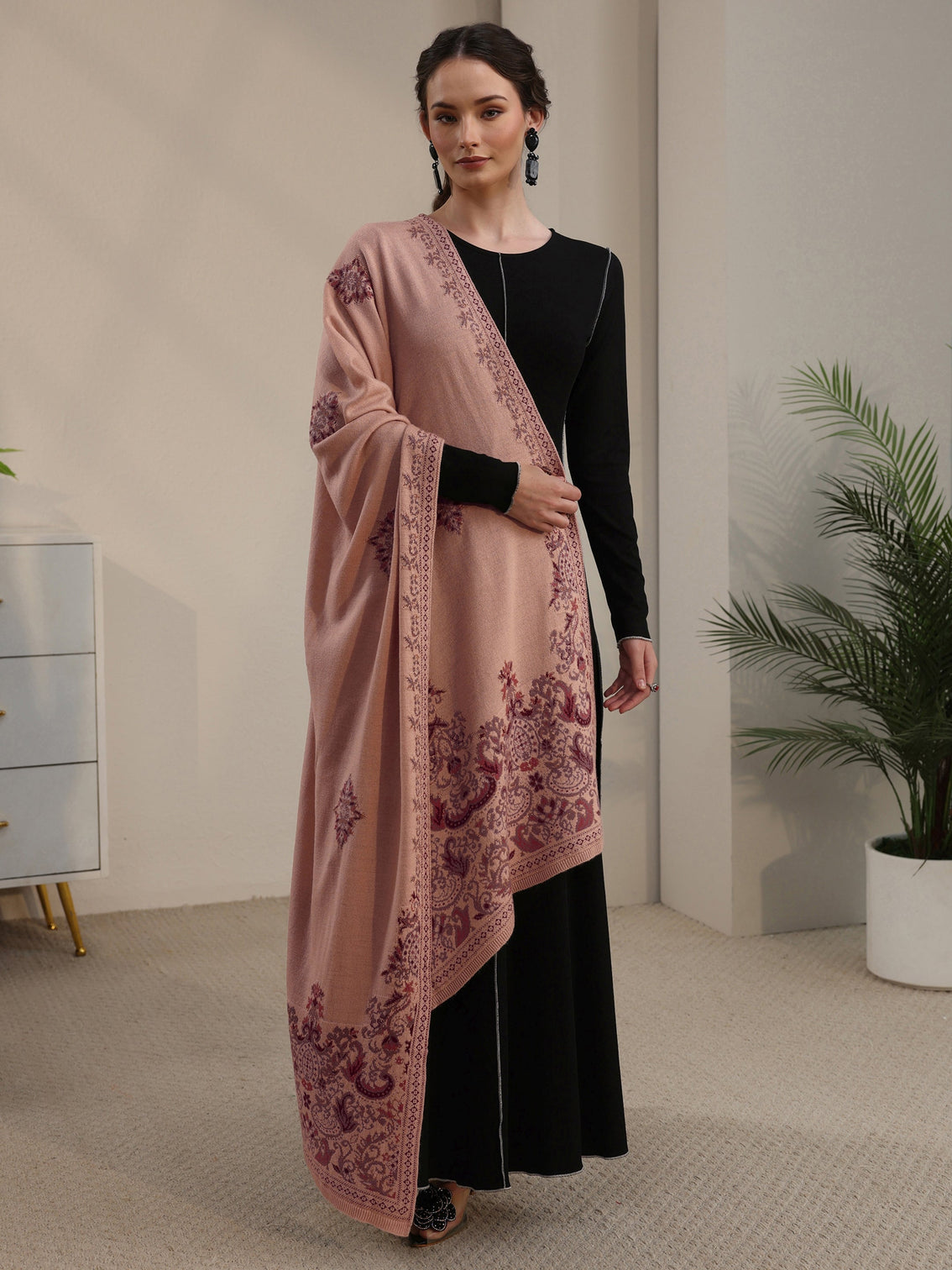 Mameraa Beige Ethnic Knitted Acrylic Shawl