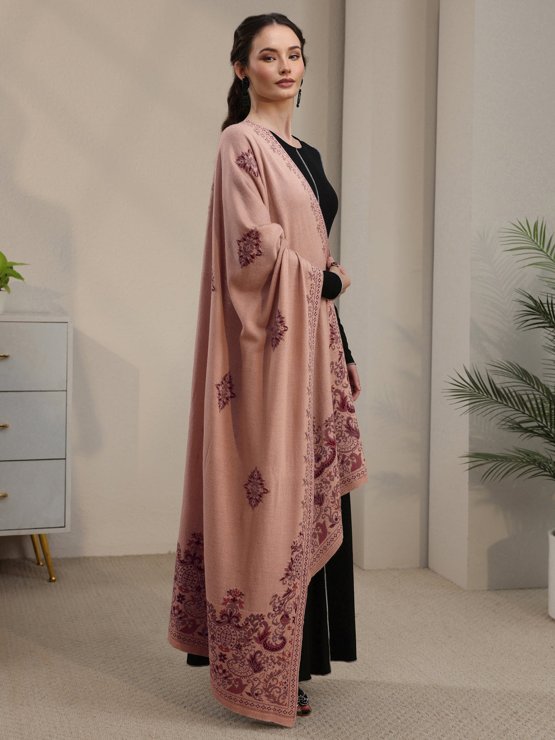 Mameraa Beige Ethnic Knitted Acrylic Shawl