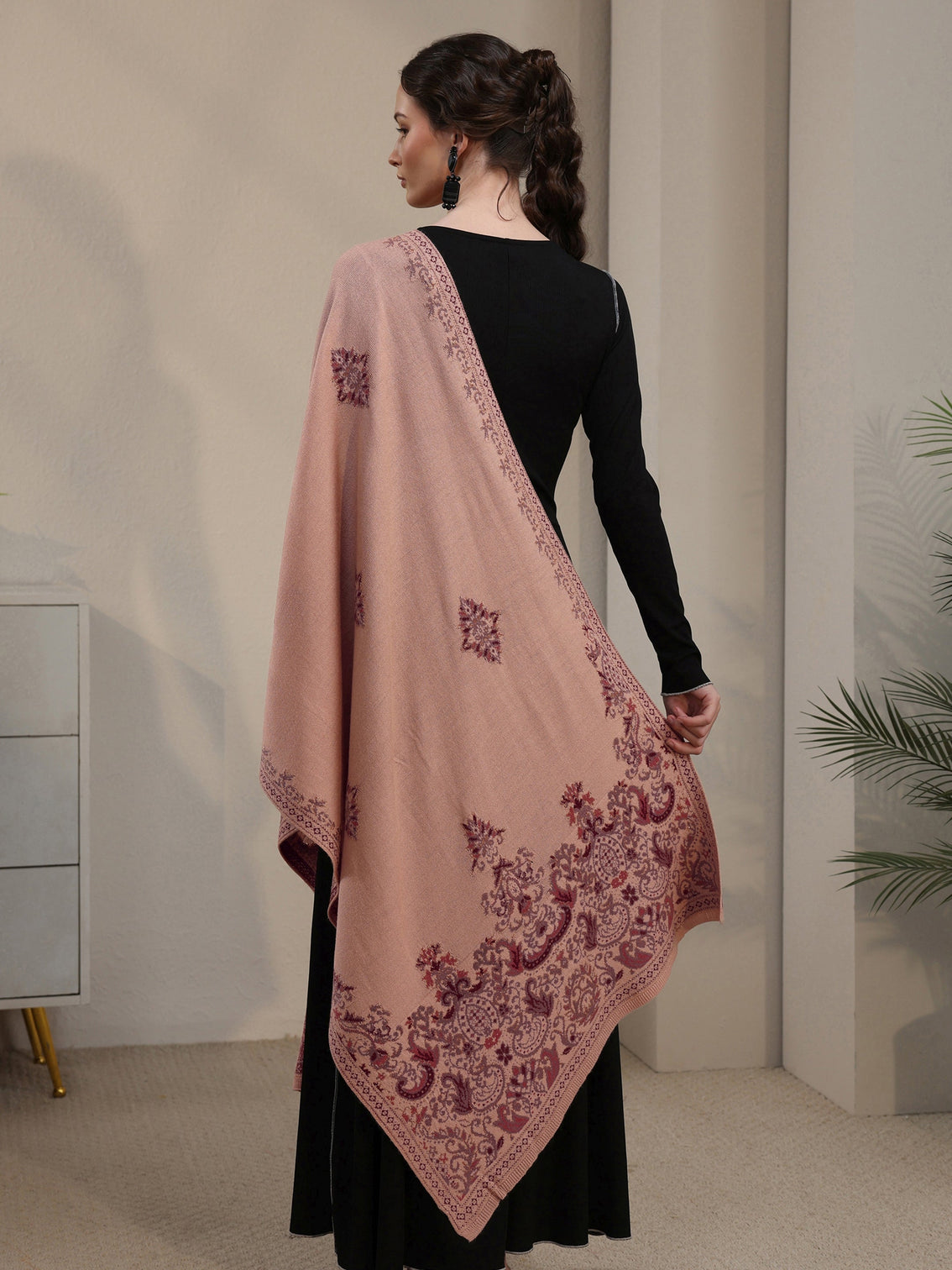 Mameraa Beige Ethnic Knitted Acrylic Shawl