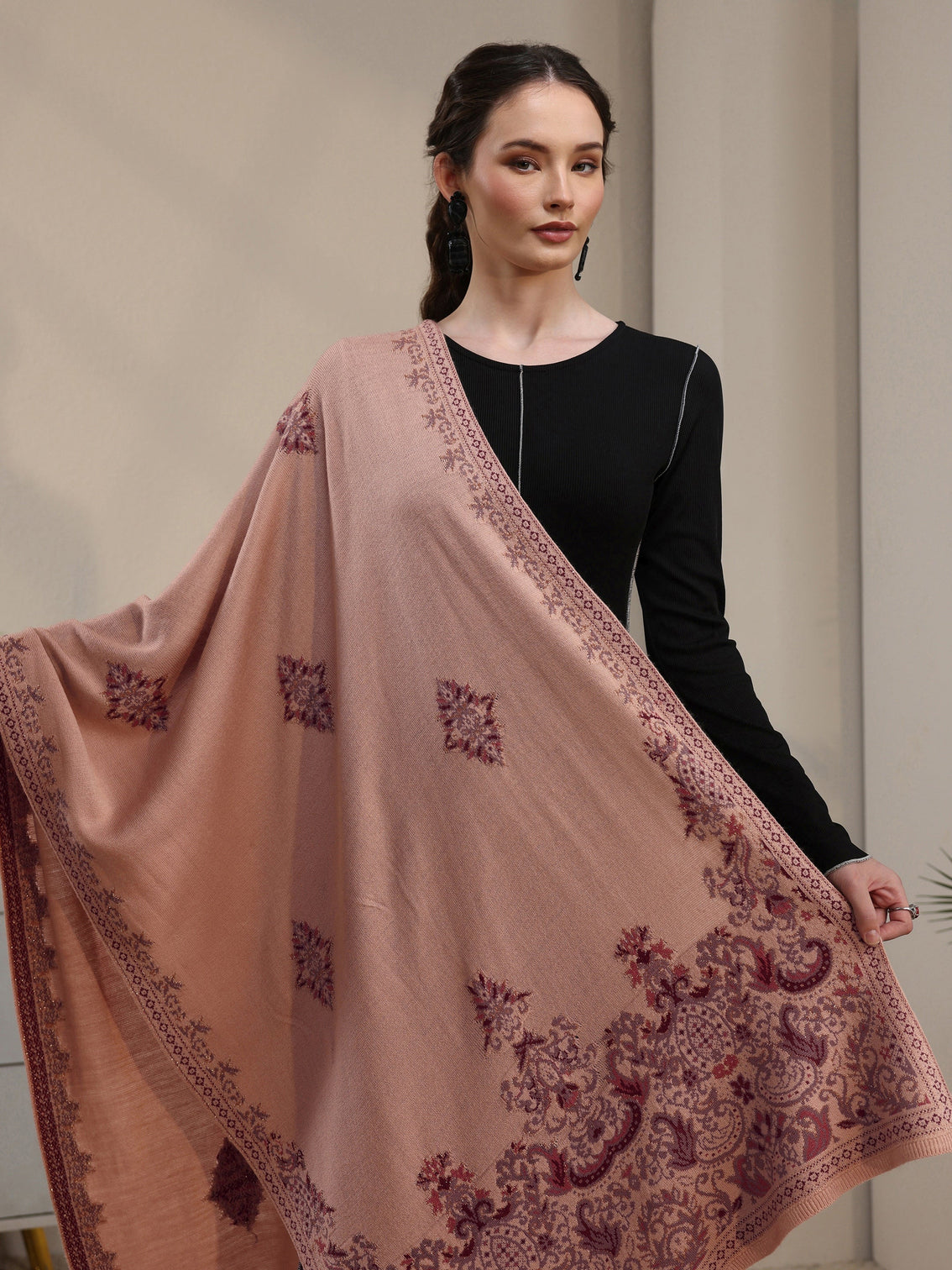 Mameraa Beige Ethnic Knitted Acrylic Shawl