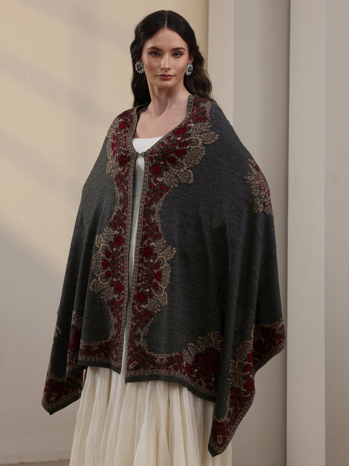 Mameraa Dark Grey Ethnic Knitted Acrylic Wrap Shawl