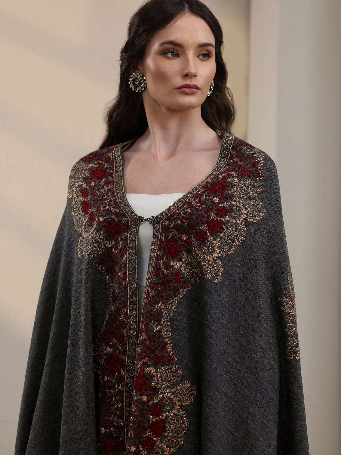 Mameraa Dark Grey Ethnic Knitted Acrylic Wrap Shawl