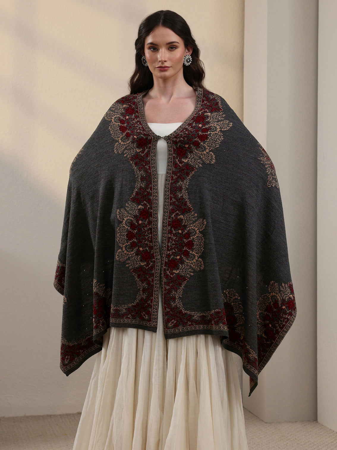 Mameraa Dark Grey Ethnic Knitted Acrylic Wrap Shawl