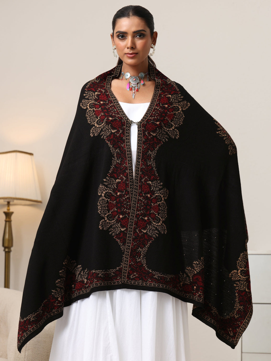 Mameraa Black Floral Knitted Acrylic Wrap Shawl