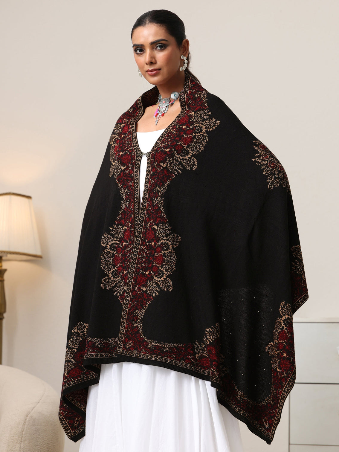 Mameraa Black Floral Knitted Acrylic Wrap Shawl