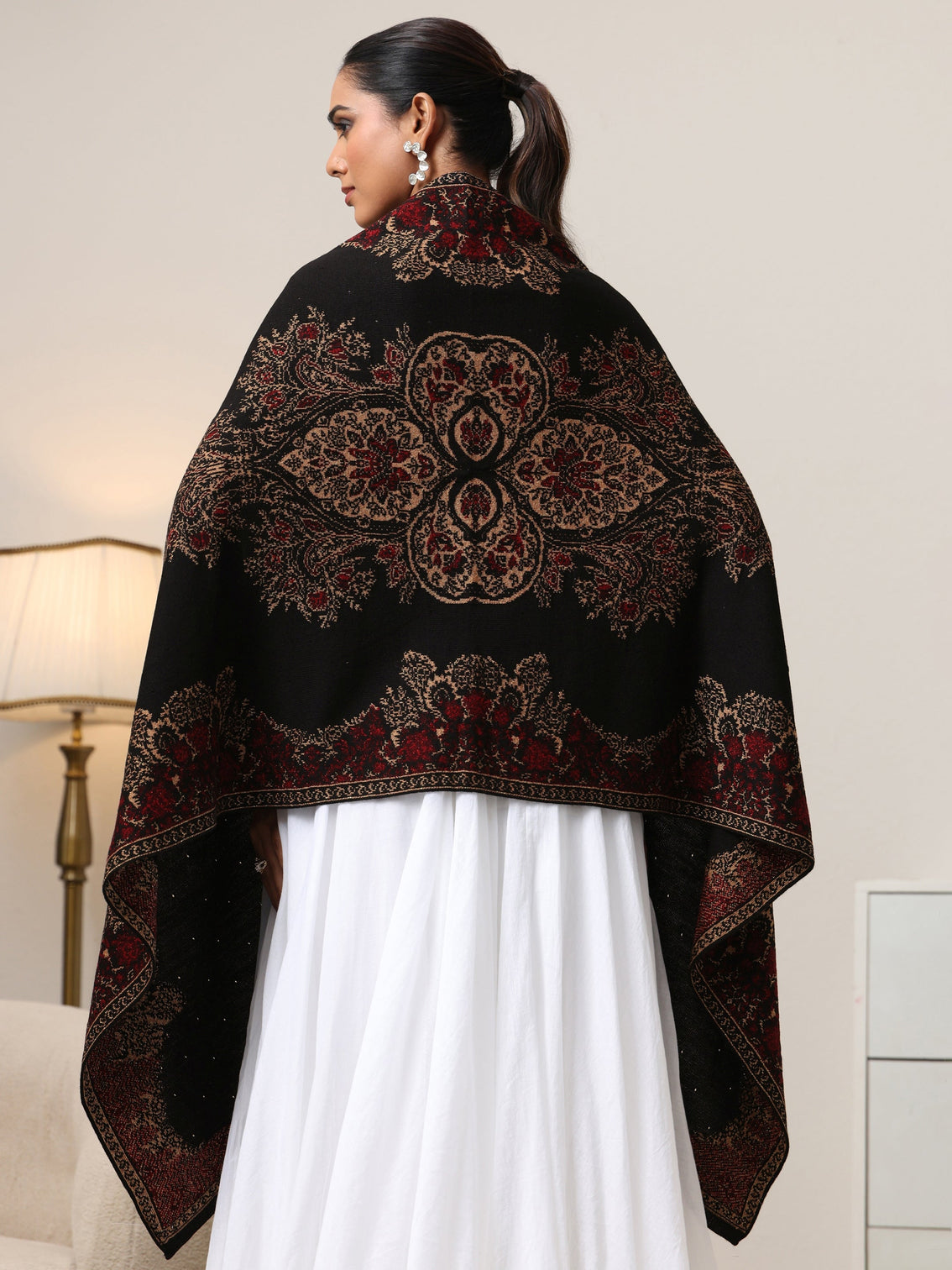 Mameraa Black Floral Knitted Acrylic Wrap Shawl