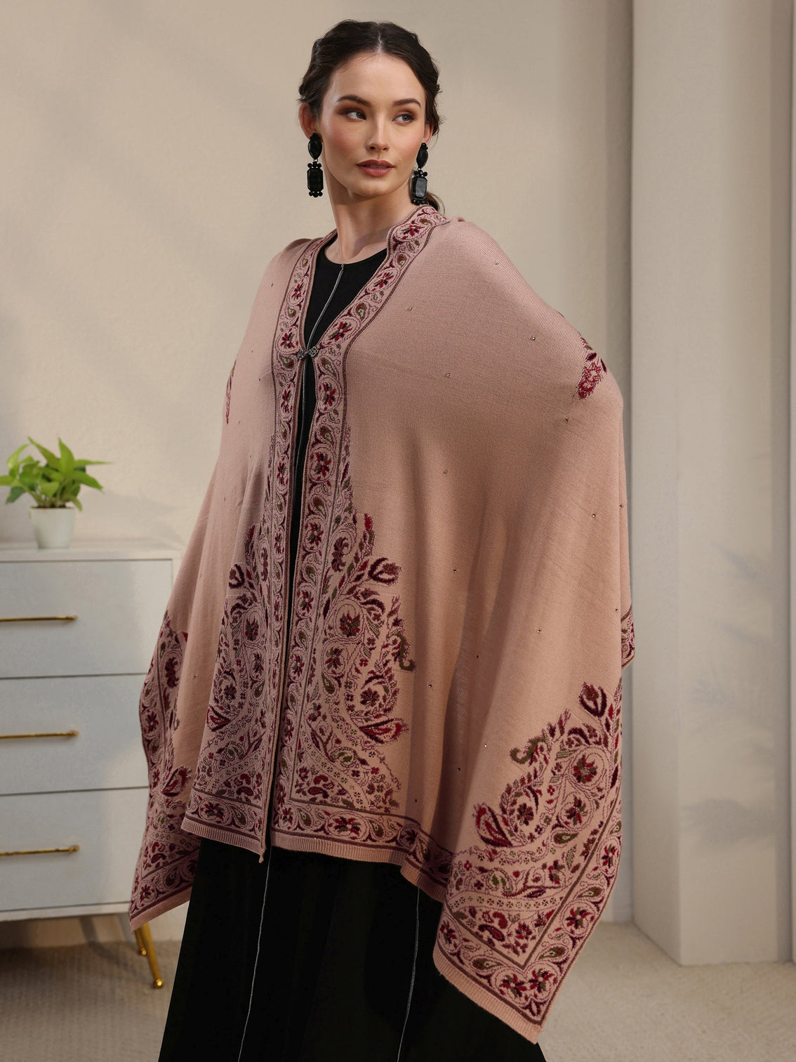 Mameraa Beige Floral Knitted Acrylic Wrap Shawl