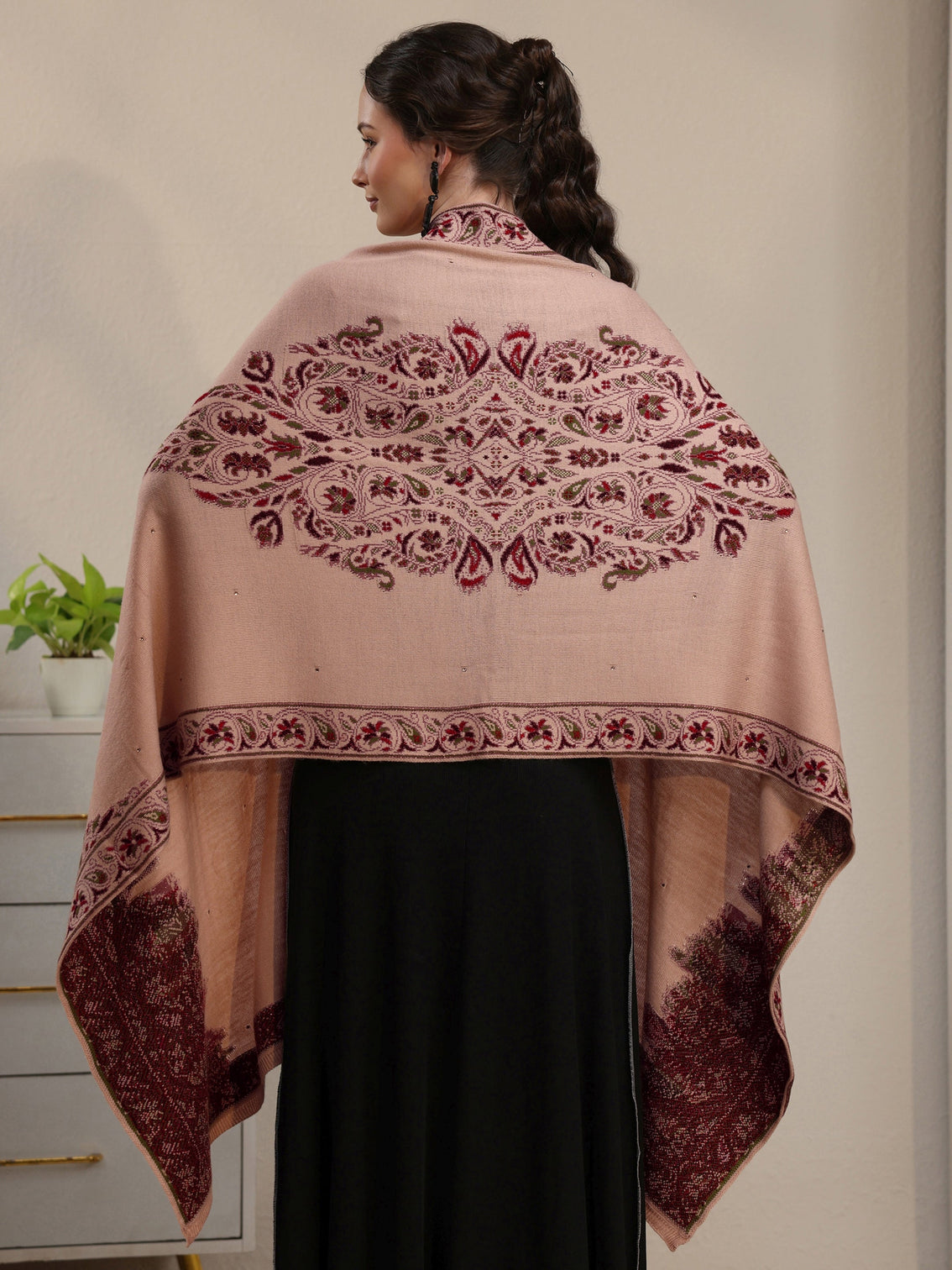 Mameraa Beige Floral Knitted Acrylic Wrap Shawl